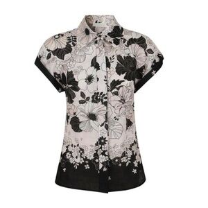 Zimmermann Pop‎ Black Floral Short Sleeve Linen Shirt